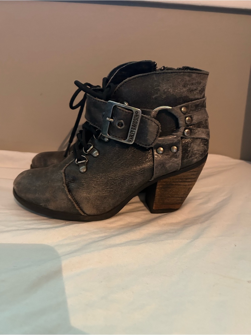 Harley-Davidson Gray Lace-Up Ankle Boot with Buckle Strap